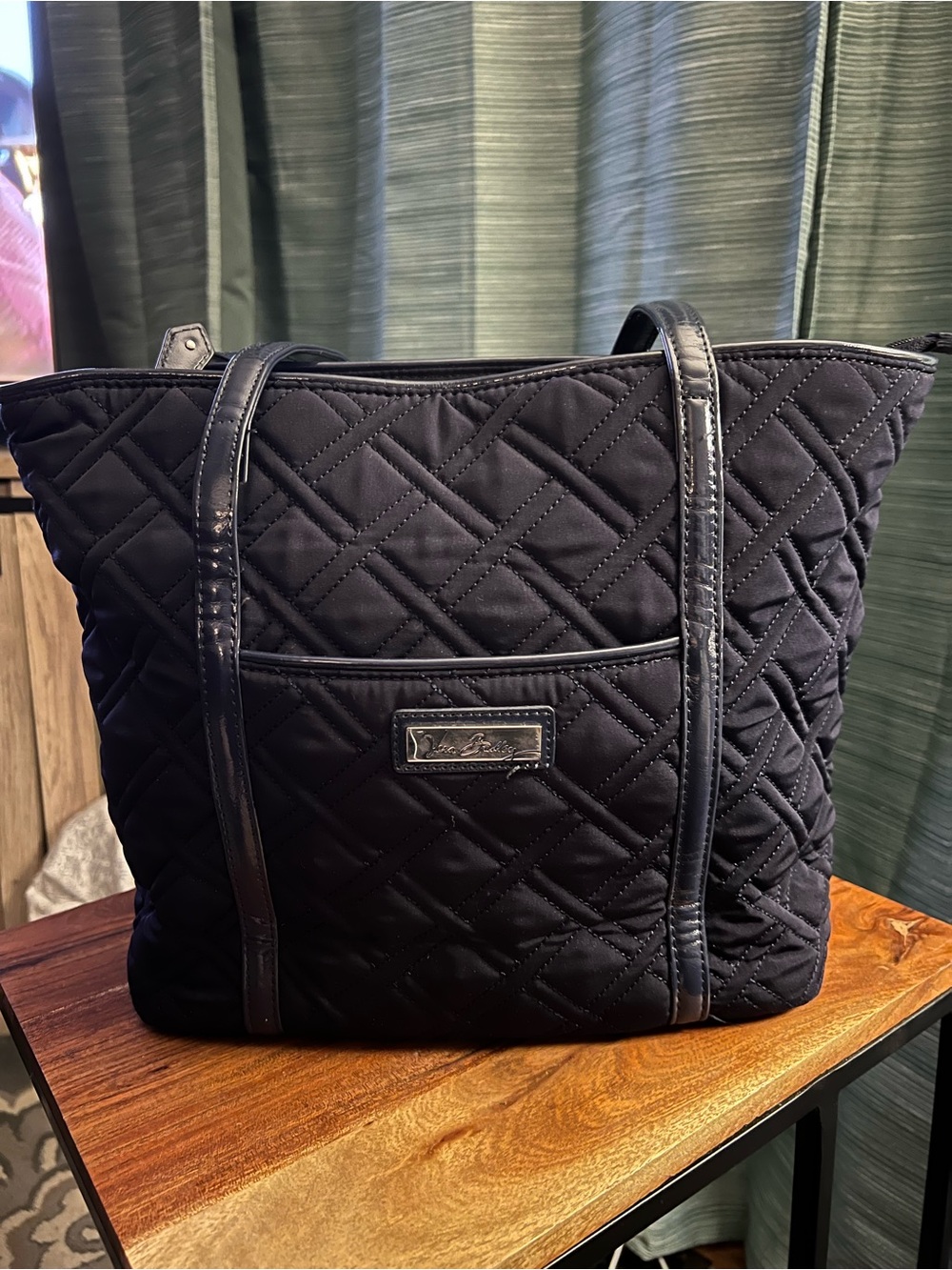Vera Bradley Navy Quilted Tote Bag Large Shoulder Purse 14” x 11” Zip Top